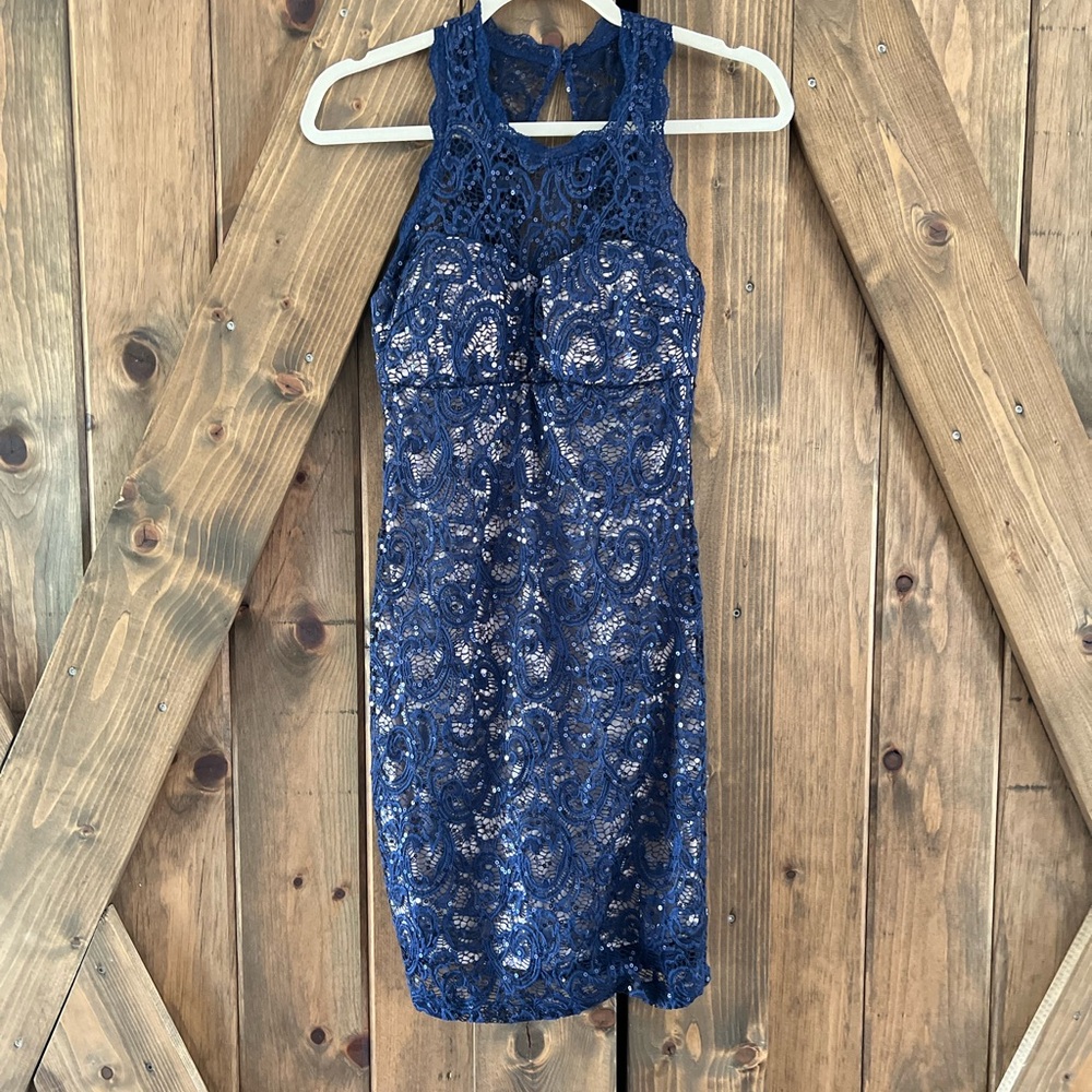 Elegant Blue Sequin Lace Dress. Sequin Hearts